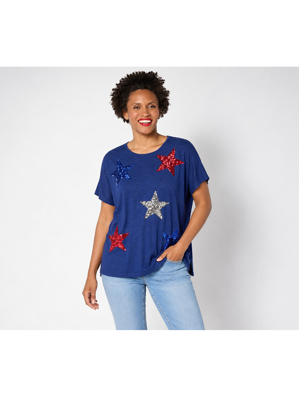 Quacker Factory Lucky Stars Sequin Short Sleeve Round Neck Top Light Navy, 3X